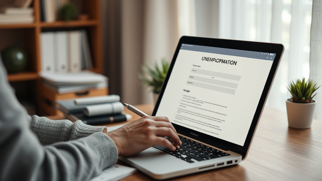 Person reviewing unemployment benefits application on laptop at home